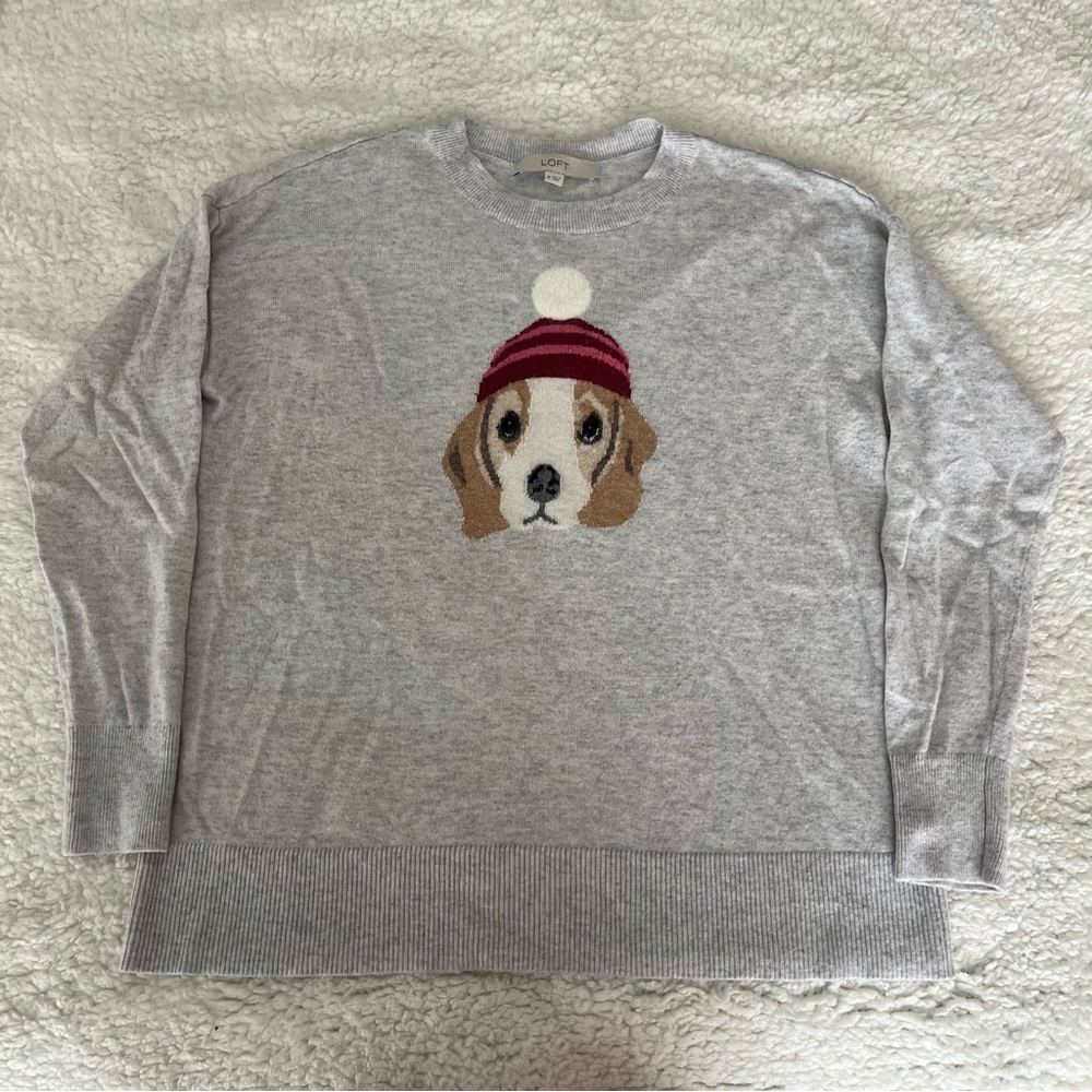LOFT‎ Beagle Sweater Gray Crew Dog Viscose/Nylon/Wool